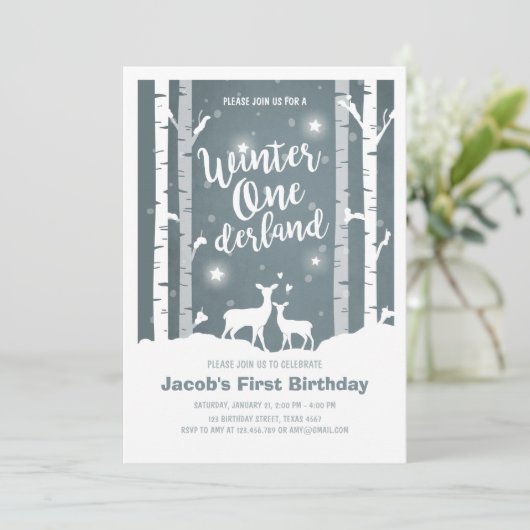 冬のOnederlandの誕生日の招待のシカの樺の木 招待状 (スタンド正面)