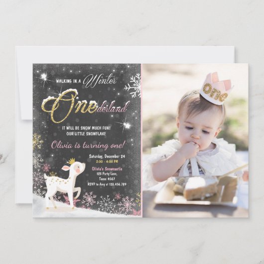 冬のOnederlandの誕生日の招待のピンクの金ゴールドのシカ 招待状 (正面)