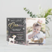 冬のOnederlandの誕生日の招待のピンクの金ゴールドのシカ 招待状 (スタンド正面)