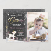 冬のOnederlandの誕生日の招待のピンクの金ゴールドのシカ 招待状 (正面/裏面)