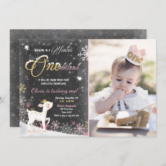 冬のOnederlandの誕生日の招待のピンクの金ゴールドのシカ 招待状 (正面/裏面)