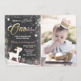 冬のOnederlandの誕生日の招待のピンクの金ゴールドのシカ 招待状