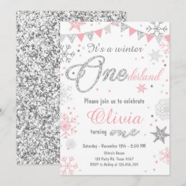 冬のOnederlandの誕生日の招待のピンクの銀 招待状