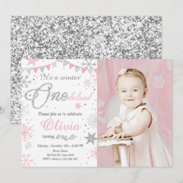 冬のOnederlandの誕生日の招待のピンクの銀 招待状