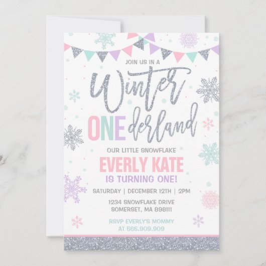 冬のONEderlandの誕生日の招待状のピンクの銀 招待状 (正面)