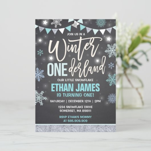 冬のONEderlandの誕生日の招待状の青及び白 招待状 (スタンド正面)