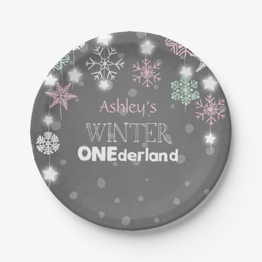 冬のonederlandの誕生日は雪片のピンクをめっきします ペーパープレート (正面)