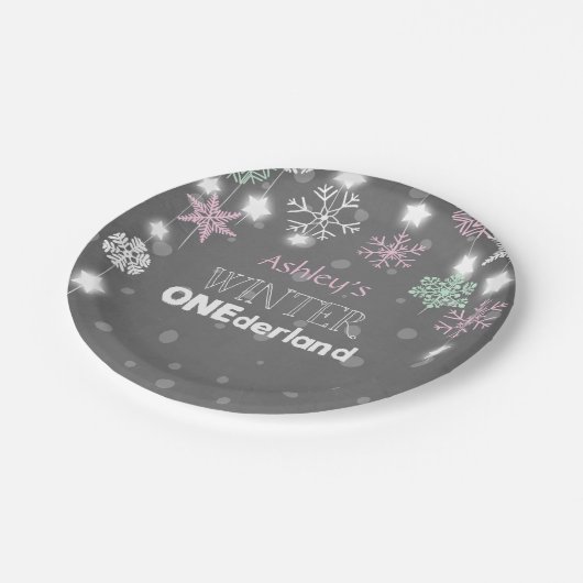 冬のonederlandの誕生日は雪片のピンクをめっきします ペーパープレート (アングル)