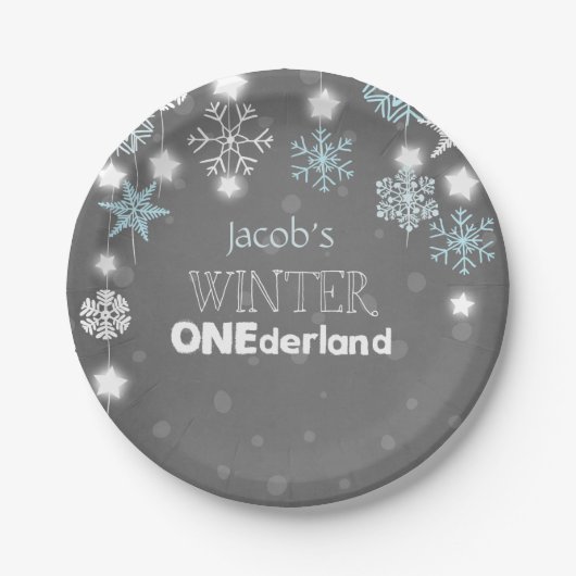 冬のonederlandの誕生日は青い雪片をめっきします ペーパープレート (正面)