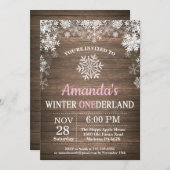 冬のOnederlandの雪片のピンクの女の子の第1誕生日 招待状 (正面/裏面)