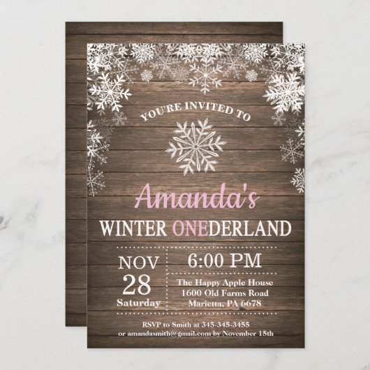 冬のOnederlandの雪片のピンクの女の子の第1誕生日 招待状 (正面/裏面)