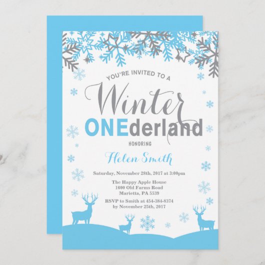 冬のOnederlandの雪片の男の子の第1誕生日 招待状 (正面/裏面)