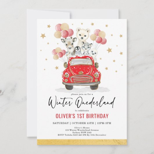 冬のONEderlandパーティー動物1st誕生日 招待状 (正面)
