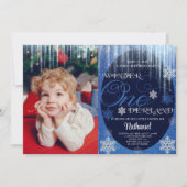 冬のONEderlandフォトブルーの最初の誕生日 招待状 (正面)