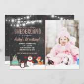 冬のONEderland誕生日パーティーの招待ピンク 招待状 (正面/裏面)