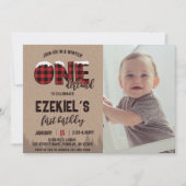 冬のONEderland Buffalo Plaid誕生日写真 招待状 (正面)