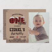 冬のONEderland Buffalo Plaid誕生日写真 招待状 (正面/裏面)