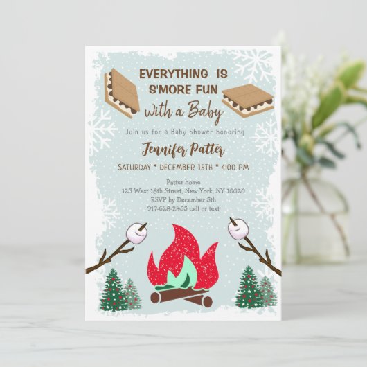 冬のS'moresキャンプファイアチョコレートベビーシャワー 招待状 (スタンド正面)