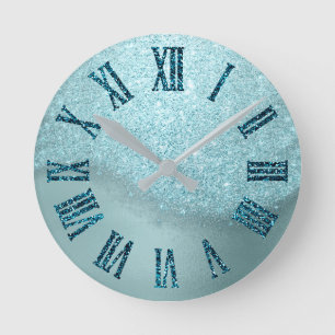 冬のTimeTiffanyの水のティール（緑がかった色）のグリッターのローマ数 ラウンド壁時計