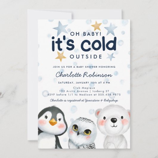 冬は寒冷で北極圏外の動物の赤ちゃんシャワー 招待状 (正面)