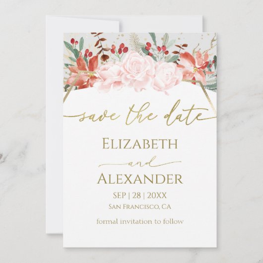 冬は日付カード金箔の水色フローラを保存 セーブザデート (正面)