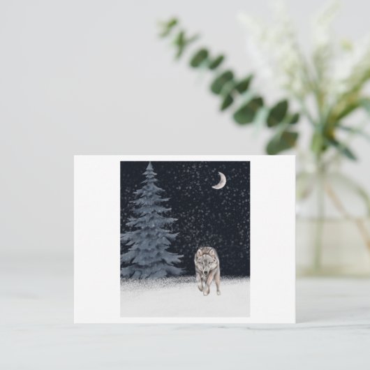 冬は絵を描水色の野生のオオカミ ポストカード (スタンド正面)