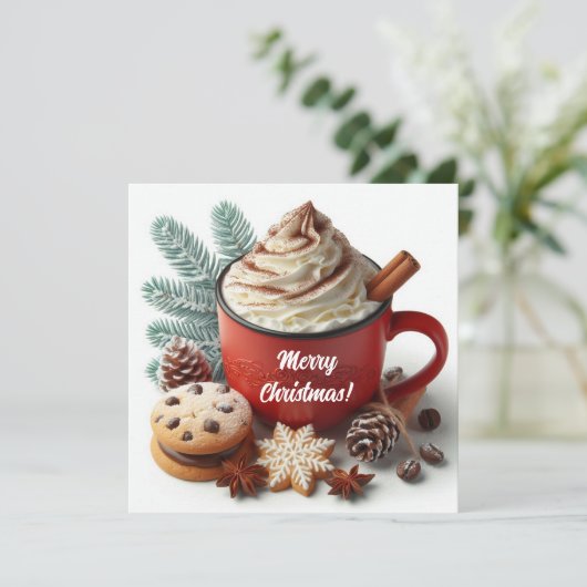 冬は赤いマグカップにクリーム熱コーヒーを泡立てた シーズンカード (スタンド正面)