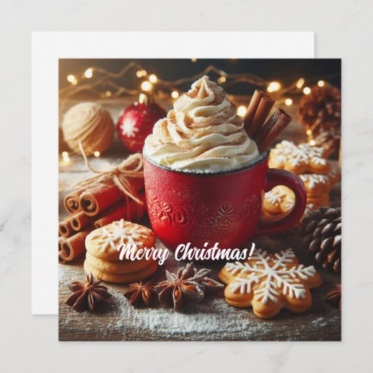 冬は赤いマグカップにクリーム熱コーヒーを泡立てた シーズンカード (正面/裏面)