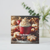 冬は赤いマグカップにクリーム熱コーヒーを泡立てた シーズンカード (スタンド正面)