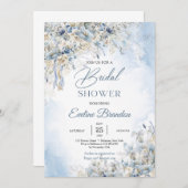 冬ほこりっぽい青い花アイボリーバラユーカリ 招待状 (正面/裏面)