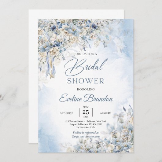 冬ほこりっぽい青い花アイボリーバラユーカリ 招待状 (正面/裏面)