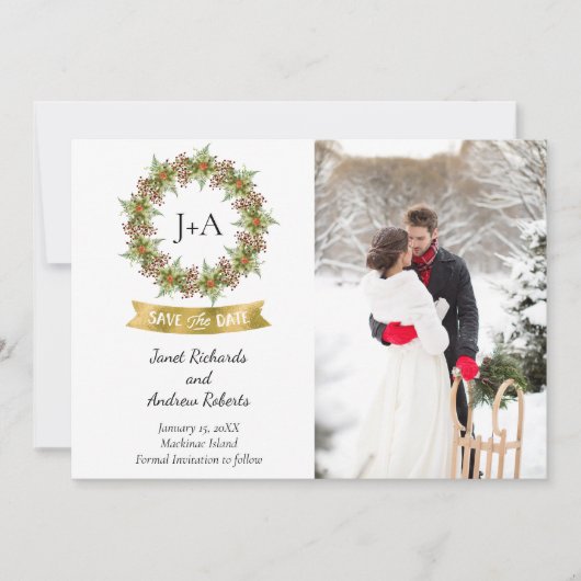 冬またはクリスマスの写真の日付を保存 セーブザデート (正面)