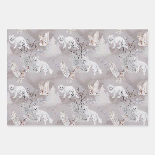 冬またはクリスマスウッドランドキツネフクロウエレガント ラッピングペーパーシート (正面3)