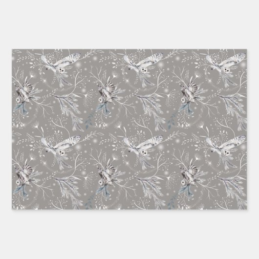冬またはクリスマスフクロウ植物水色 ラッピングペーパーシート (正面2)
