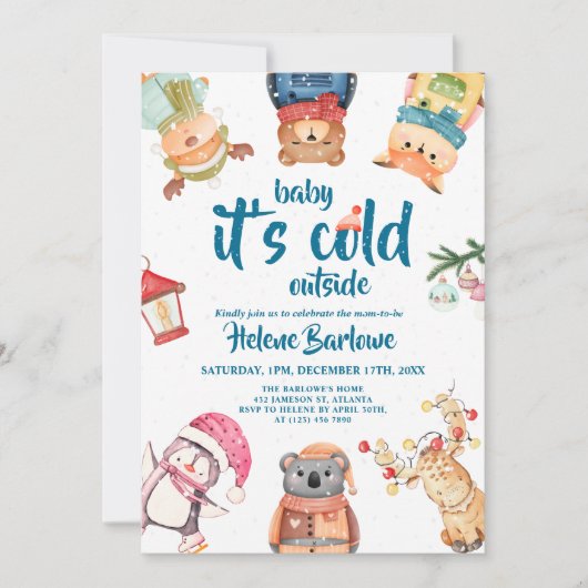 冬よくはしゃぐの可愛い冬の赤ちゃんシャワー 招待状 (正面)
