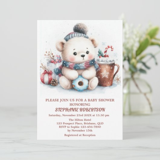 冬をテーマとしたかわいいクマのおもちゃコーヒーウォーターカラーアート 招待状 (スタンド正面)