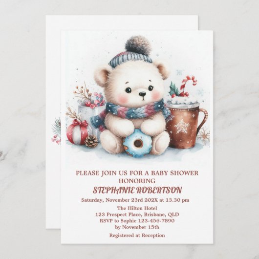 冬をテーマとしたかわいいクマのおもちゃコーヒーウォーターカラーアート 招待状 (正面/裏面)