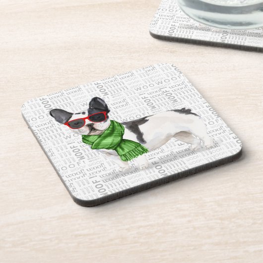 冬をテーマにしたボストンテリアとウーフワードアート コースター (左側)