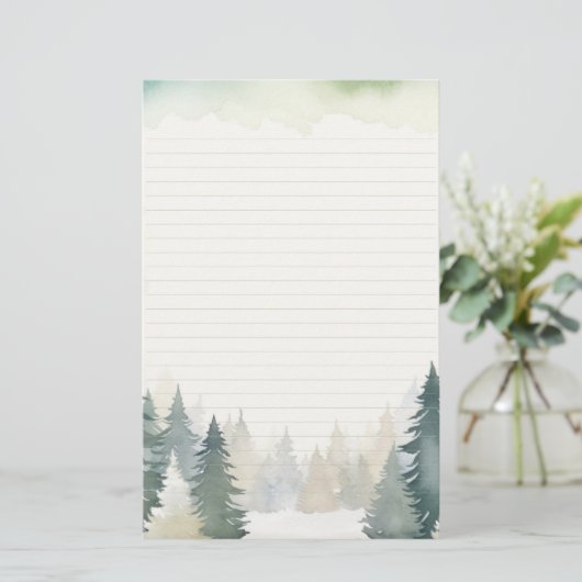冬をテーマにした緑の松の木が並んだ 便箋 (スタンド正面)