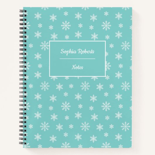 冬をテーマにした雪片モダンパターンターコイズ ノートブック (正面)