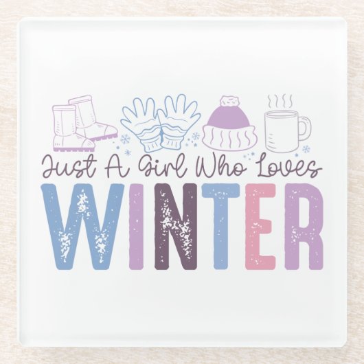 冬を愛する少女かわいい季節のデザイン ガラスコースター (正面)