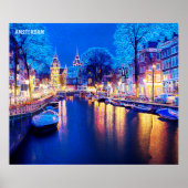冬アムステルダム運河の夜にボートで ポスター (正面)