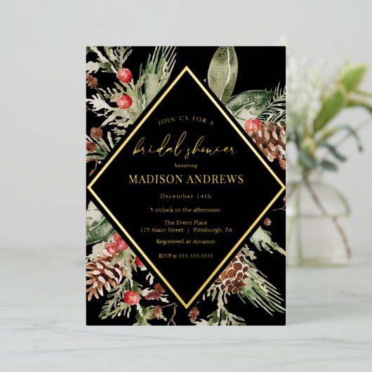 冬エバエレガントーグリーンポインセチアブライダルシャワー 箔招待状 (立ち正面)