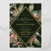 冬エバエレガントーグリーンポインセチアブライダルシャワー 箔招待状 (正面)