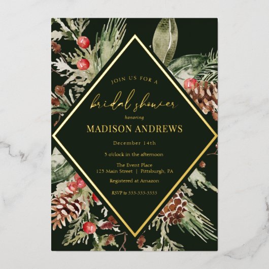 冬エバエレガントーグリーンポインセチアブライダルシャワー 箔招待状 (正面)