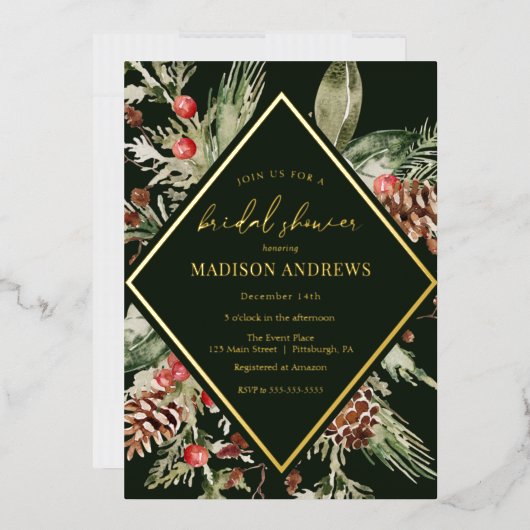 冬エバエレガントーグリーンポインセチアブライダルシャワー 箔招待状 (封筒)