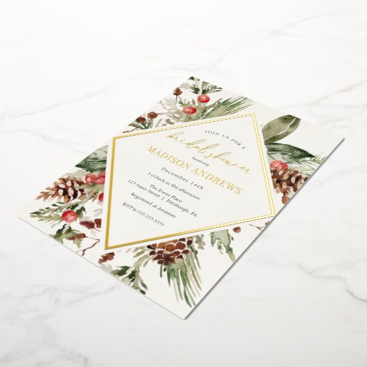冬エバエレガントーグリーンポインセチアブライダルシャワー 箔招待状 (回転した状態)