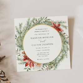 冬エレガントのエバーグリーン結婚ポインセチア 招待状
