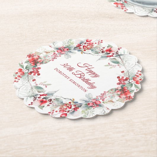 冬エレガントのベリーボタニカル30歳の誕生日 ペーパーコースター (アングル)