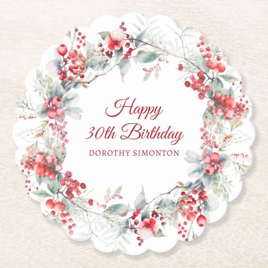 冬エレガントのベリーボタニカル30歳の誕生日 ペーパーコースター (正面)